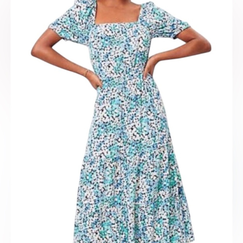 NWT Loft Floral Blue Square Neck Puff Sleeve Dress M
